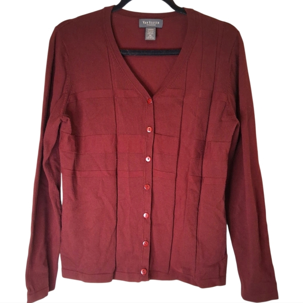 ​Van Heusen Burgundy Rayon Blend V-Neck Button Front Cardigan M